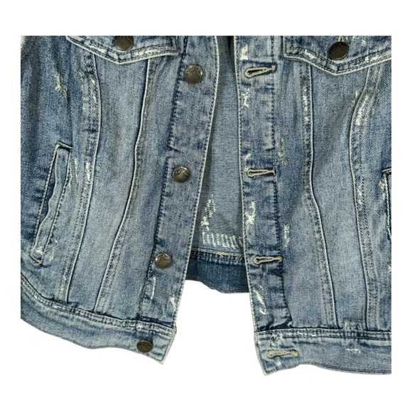 Free People Distressed Denim Jean Jacket With Gray Knit Long Sleeves Size XS - Picture 7 of 13
